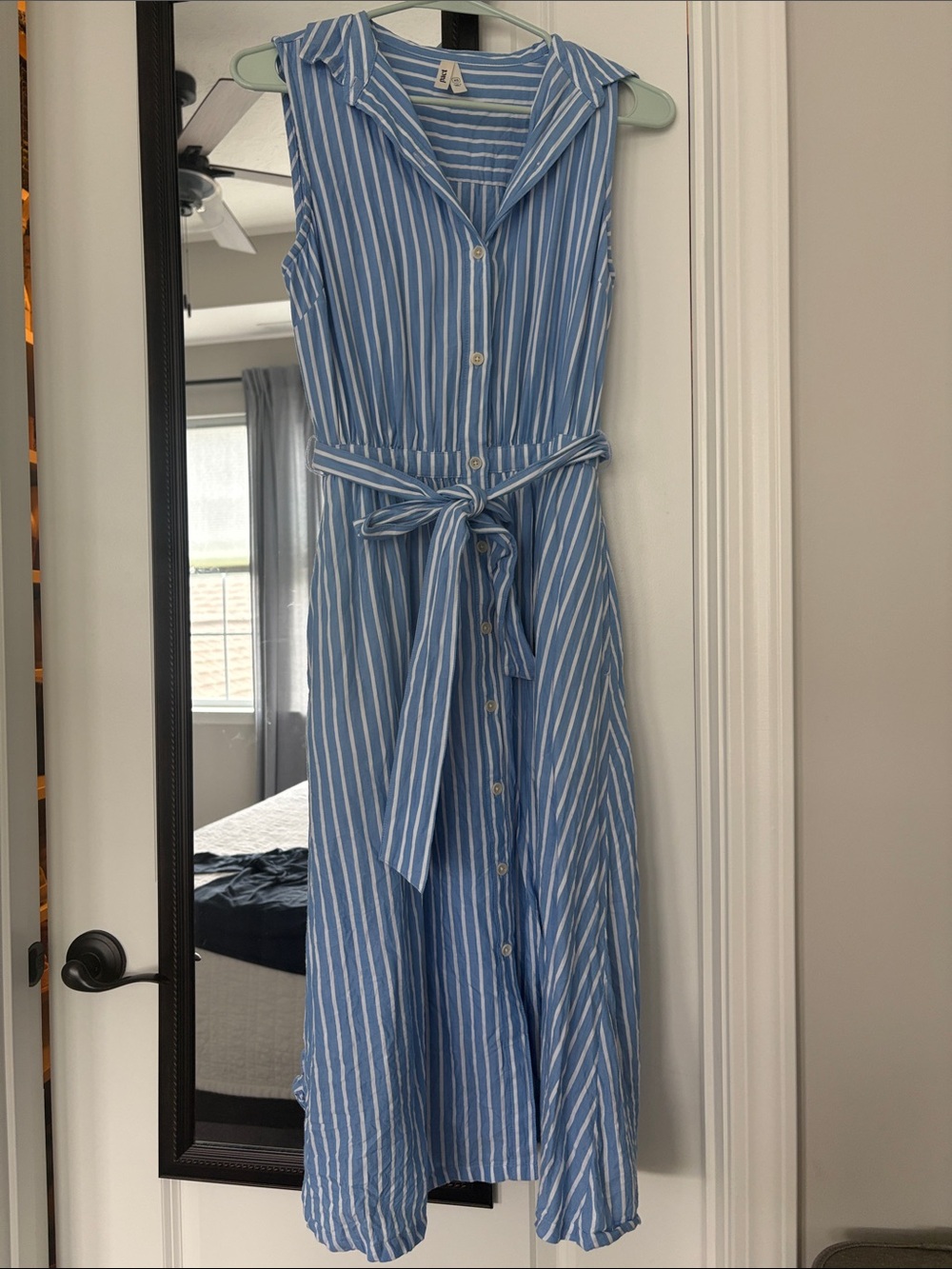 Pact Organic Cotton Blue & White Striped Sleeveless Button-Front Maxi Dress